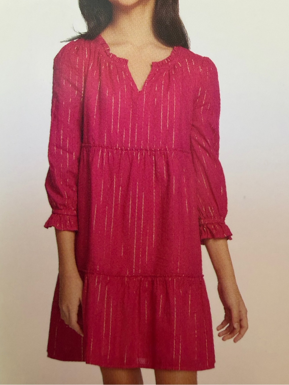 NWT GAP Girls Pink Magenta Gold Metallic-Striped Tiered 3/4 Sleeve Dress Lined